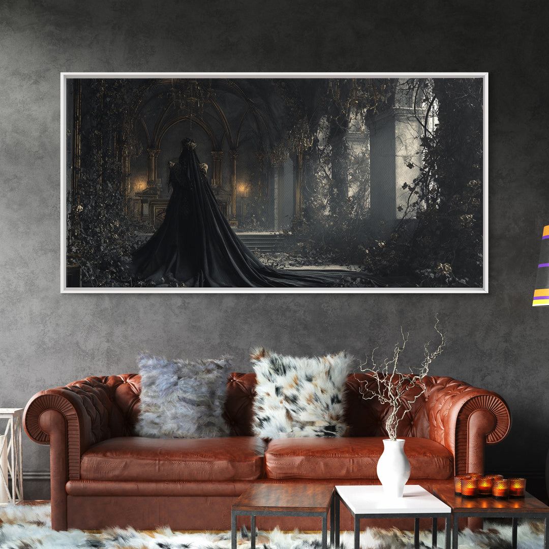 The Overgrown Chapel, Wide Panoramic Art, Macabre Wall Art, Framed Canvas Print, Halloween Wall Decor, Gothic Home Decor, Dark Fantasy Art
