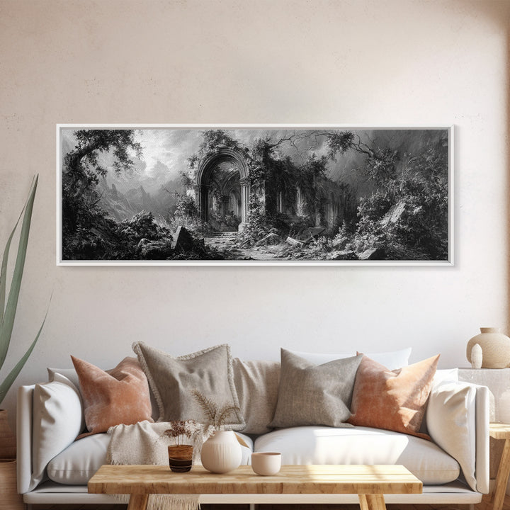The Overgrown Chapel, Extra Wide Wall Art, Haunted Gothic Art, Framed Canvas Print, Halloween Wall Decor, Gothic Home Decor