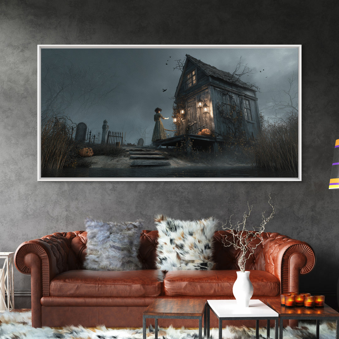 The Foggy Swamp Shack, Wide Panoramic Art, Gothic Horror Wall Art, Framed Canvas Print, Halloween Wall Decor, Gothic Home Decor