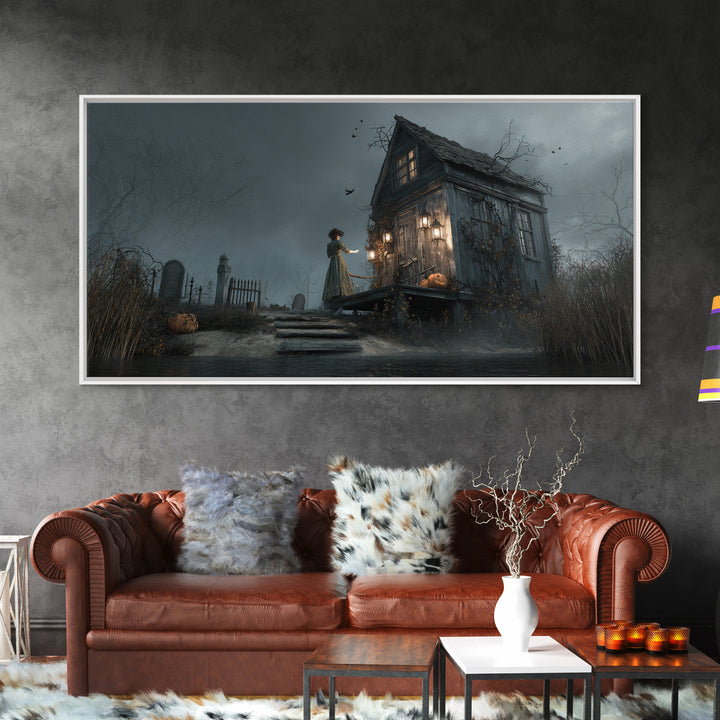 The Foggy Swamp Shack, Wide Panoramic Art, Gothic Horror Wall Art, Framed Canvas Print, Halloween Wall Decor, Gothic Home Decor