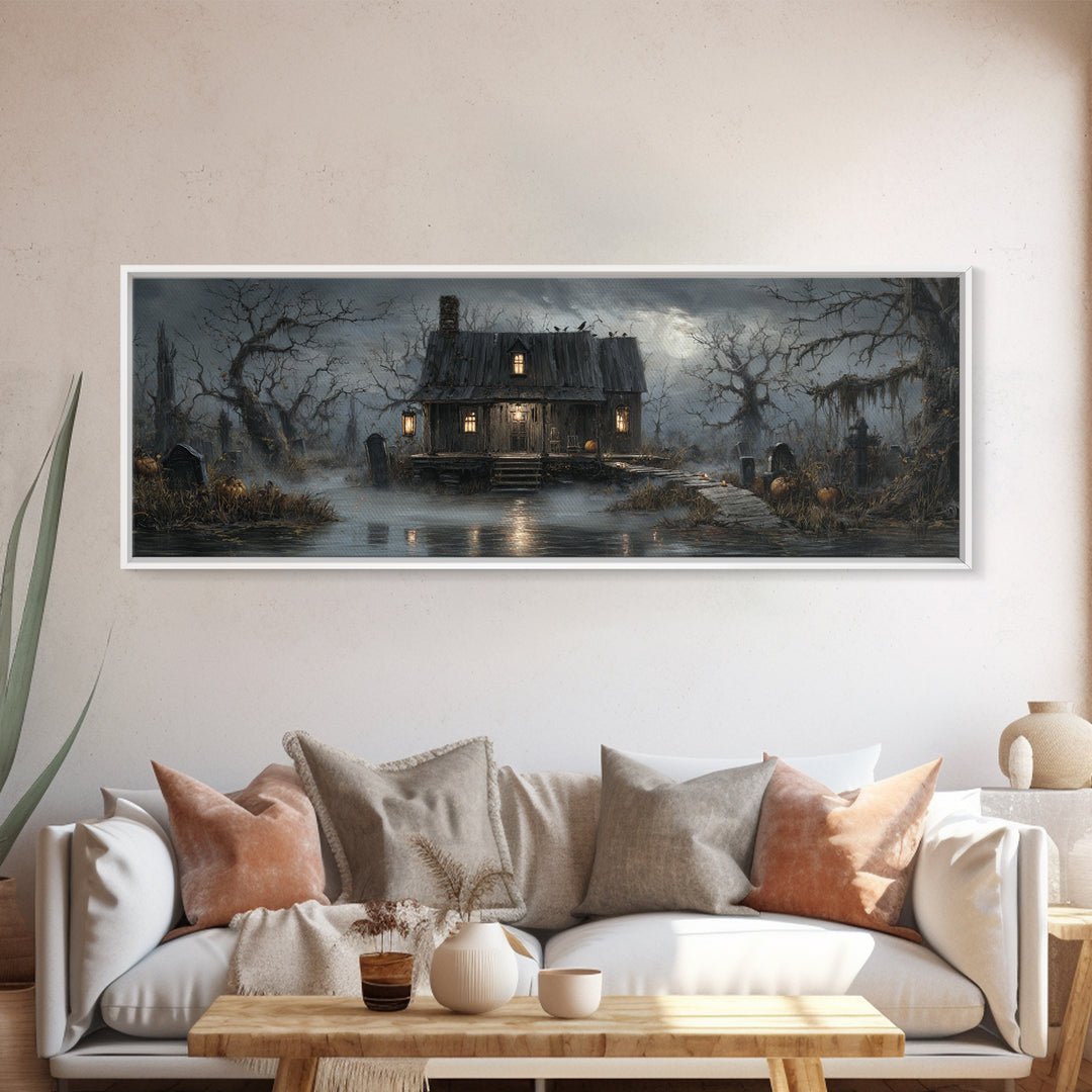 The Foggy Swamp Shack, Extra Wide Wall Art, Haunted Gothic Art, Framed Canvas Print, Halloween Wall Decor, Gothic Home Decor