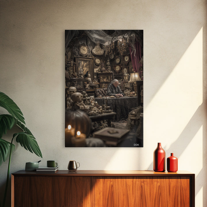 The Midnight Antique Shop, Vertical Wall Art, Macabre Wall Art, Framed Canvas Print, Halloween Wall Decor, Gothic Home Decor