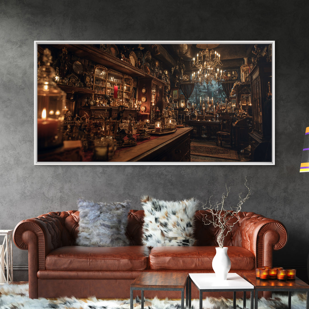 The Midnight Antique Shop, Wide Panoramic Art, Haunted Gothic Art, Framed Canvas Print, Halloween Wall Decor, Gothic Home Decor