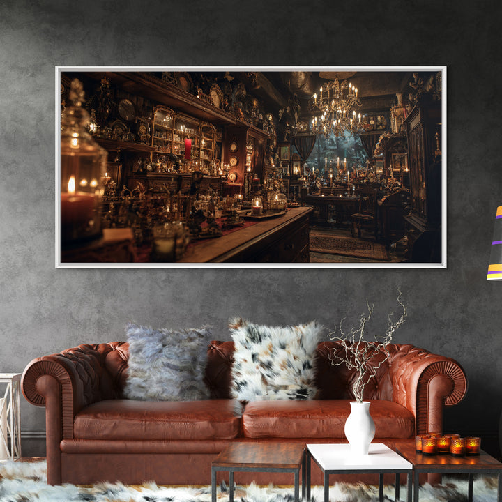 The Midnight Antique Shop, Wide Panoramic Art, Haunted Gothic Art, Framed Canvas Print, Halloween Wall Decor, Gothic Home Decor
