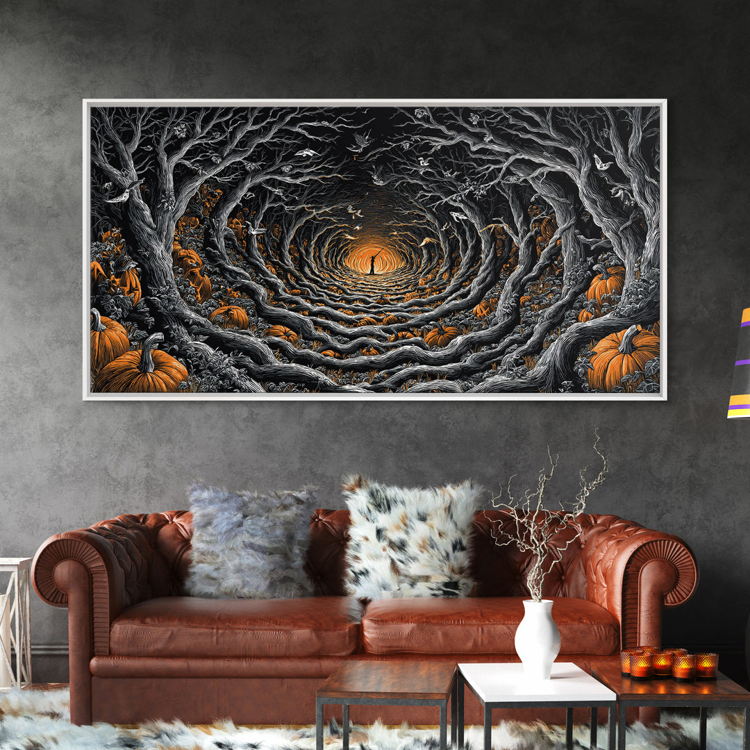 The Pumpkin Patch Maze, Wide Panoramic Art, Dark Halloween Decor, Canvas Print, Halloween Wall Decor, Gothic Home Decor, Macabre Wall Art