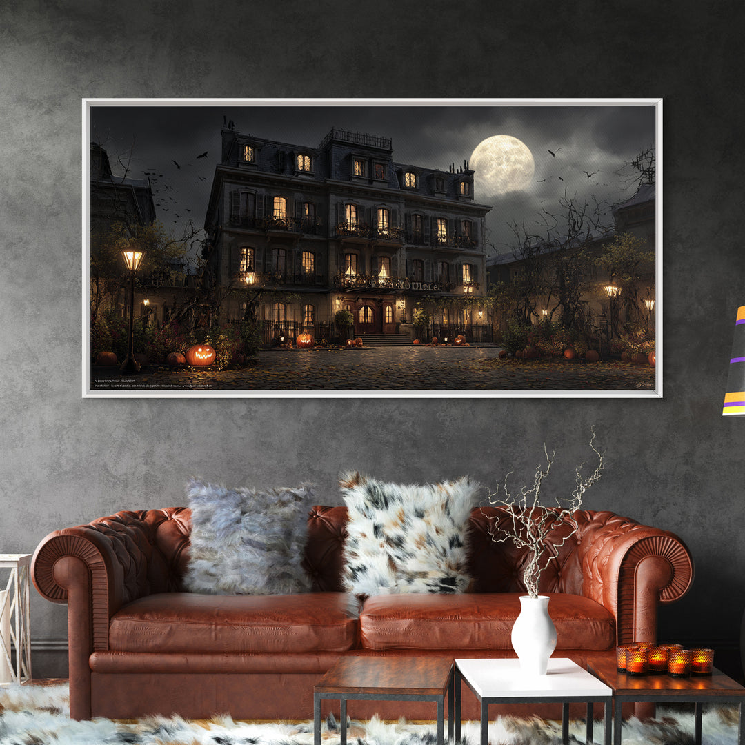 The Haunted Hotel, Wide Panoramic Art, Macabre Wall Art, Framed Canvas Print, Halloween Wall Decor, Gothic Home Decor, Horror Wall Art