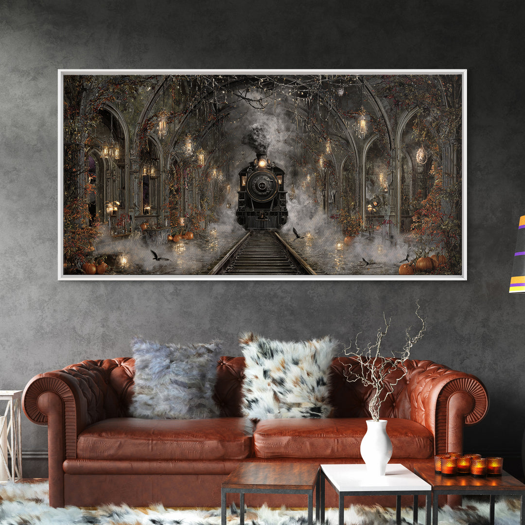 The Abandoned Train Station, Wide Panoramic Art, Macabre Wall Art, Framed Canvas Print, Halloween Wall Decor, Gothic Home Decor