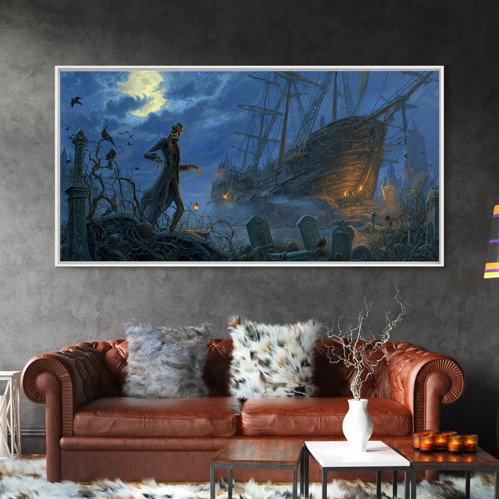 The Shipwreck Cove, Wide Panoramic Art, Gothic Horror Wall Art, Framed Canvas Print, Halloween Wall Decor, Gothic Home Decor