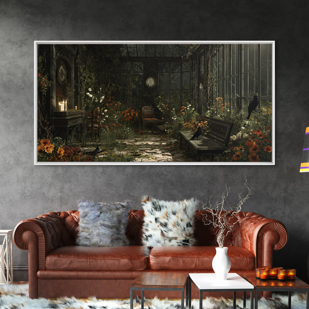 The Cemetery Greenhouse, Wide Panoramic Art, Spooky Home Decor, Canvas Print, Halloween Wall Decor, Gothic Home Decor, Horror Wall Art