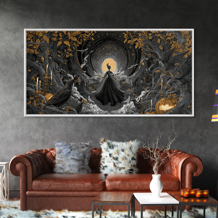 The Midnight Masquerade, Wide Panoramic Art, Haunted Gothic Art, Framed Canvas Print, Halloween Wall Decor, Gothic Home Decor