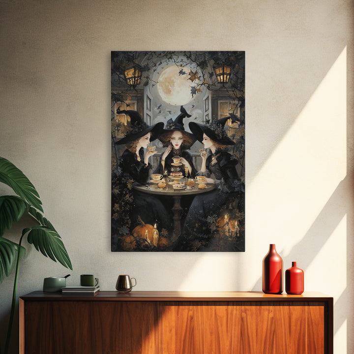 The Witches' Tea Party, Vertical Wall Art, Macabre Wall Art, Framed Canvas Print, Halloween Wall Decor, Gothic Home Decor, Halloween Decor