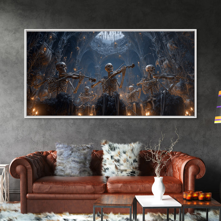 The Skeleton Orchestra, Wide Panoramic Art, Macabre Wall Art, Framed Canvas Print, Halloween Wall Decor, Gothic Home Decor