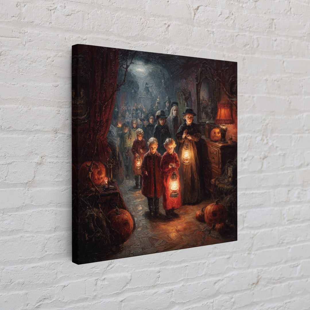 The Trick-Or-Treat Procession, Square Wall Art, Haunted Gothic Art, Framed Canvas Print, Halloween Wall Decor, Gothic Home Decor