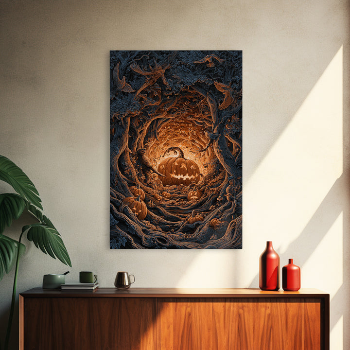 The Pumpkin-Carving Ritual, Vertical Wall Art, Haunted Gothic Art, Framed Canvas Print, Halloween Wall Decor, Gothic Home Decor