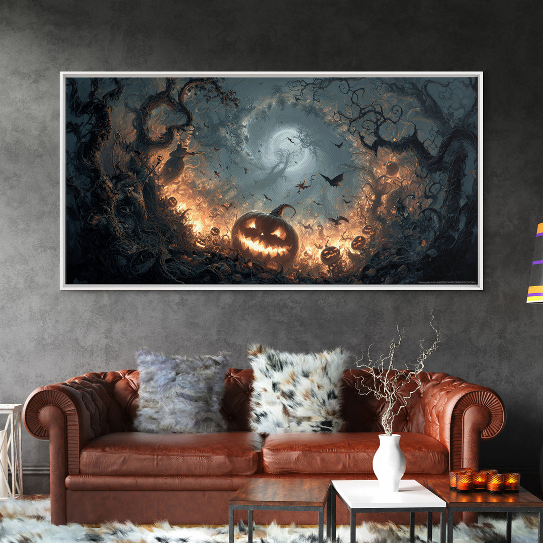 The Pumpkin-Carving Ritual, Wide Panoramic Art, Dark Fantasy Wall Art, Canvas Print, Halloween Wall Decor, Gothic Home Decor