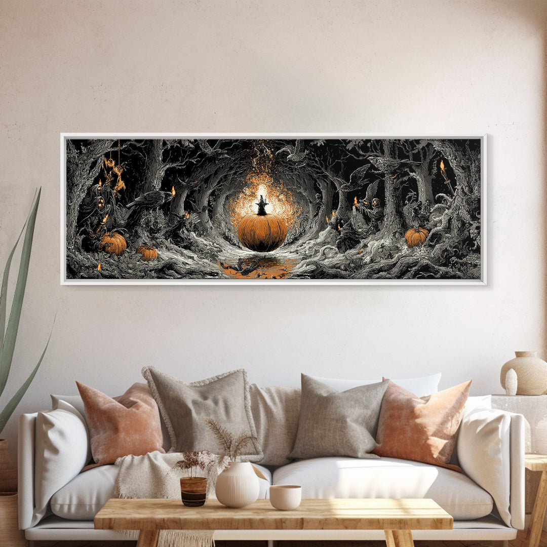 The Pumpkin-Carving Ritual, Extra Wide Wall Art, Macabre Wall Art, Framed Canvas Print, Halloween Wall Decor, Gothic Home Decor