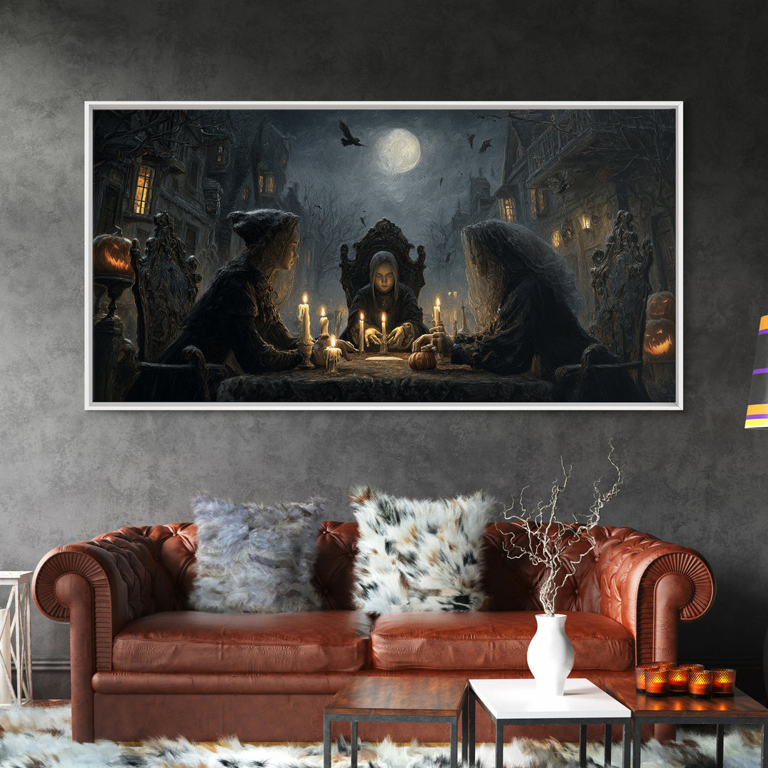 The Candlelit Seance, Wide Panoramic Art, Haunted Gothic Art, Framed Canvas Print, Halloween Wall Decor, Gothic Home Decor