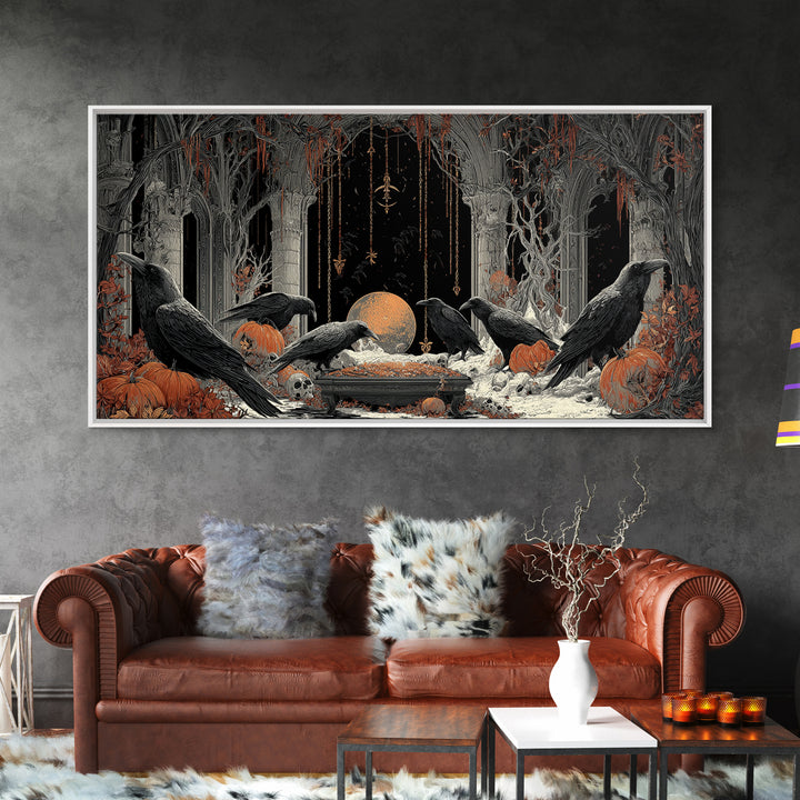 The Raven Funeral, Wide Panoramic Art, Gothic Horror Wall Art, Framed Canvas Print, Halloween Wall Decor, Gothic Home Decor, Halloween Decor