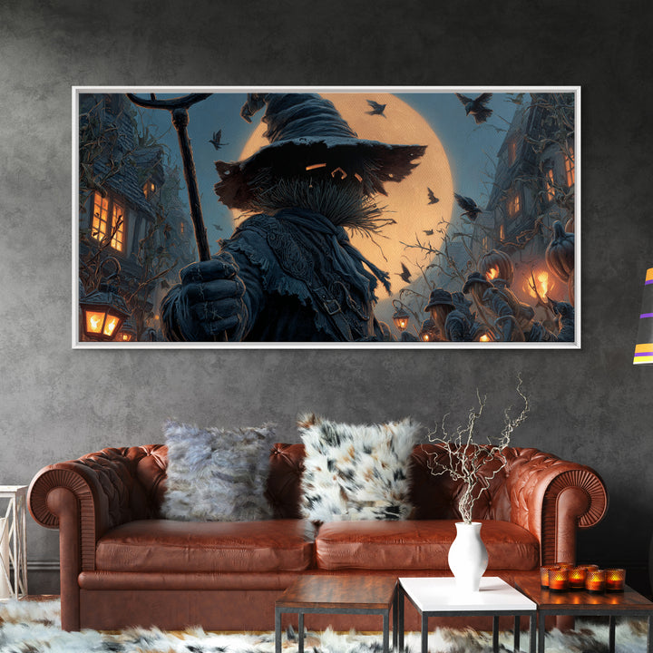 The Scarecrow Uprising, Wide Panoramic Art, Haunted Gothic Art, Framed Canvas Print, Halloween Wall Decor, Gothic Home Decor