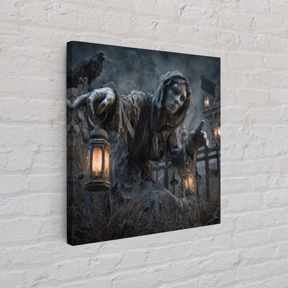 The Cemetery Lantern Festival, Square Wall Art, Haunted Gothic Art, Framed Canvas Print, Halloween Wall Decor, Gothic Home Decor