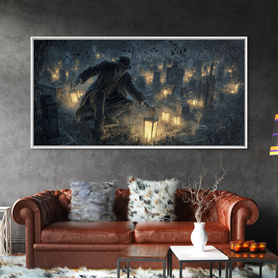 The Cemetery Lantern Festival, Wide Panoramic Art, Dark Fantasy Wall Art, Canvas Print, Halloween Wall Decor, Gothic Home Decor