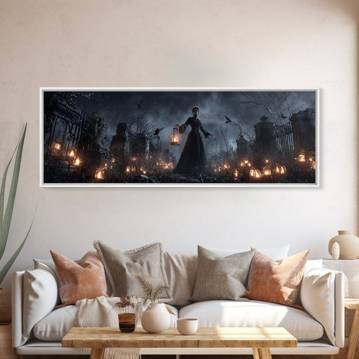 The Cemetery Lantern Festival, Extra Wide Wall Art, Macabre Wall Art, Framed Canvas Print, Halloween Wall Decor, Gothic Home Decor