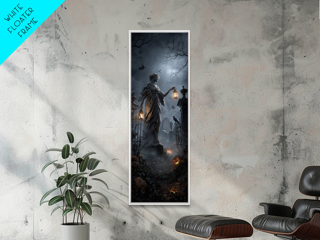 The Cemetery Lantern Festival, Tall Narrow Wall Art, Macabre Wall Art, Framed Canvas Print, Halloween Wall Decor, Gothic Home Decor