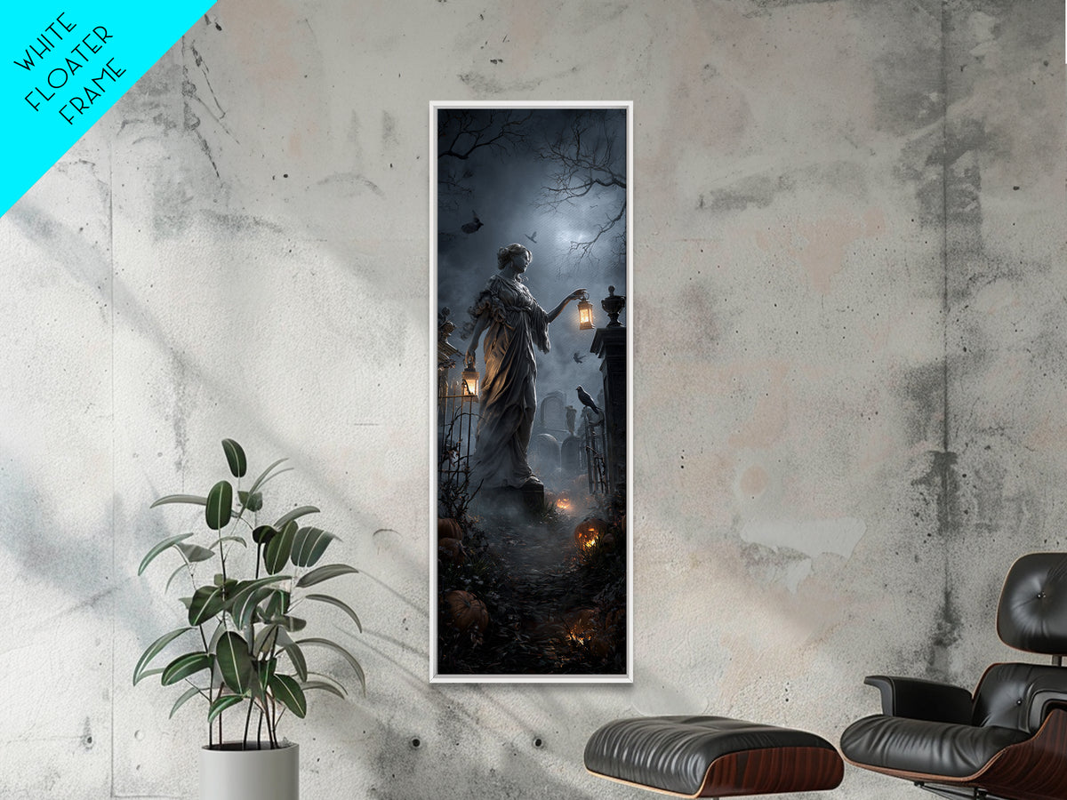 The Cemetery Lantern Festival, Tall Narrow Wall Art, Macabre Wall Art, Framed Canvas Print, Halloween Wall Decor, Gothic Home Decor