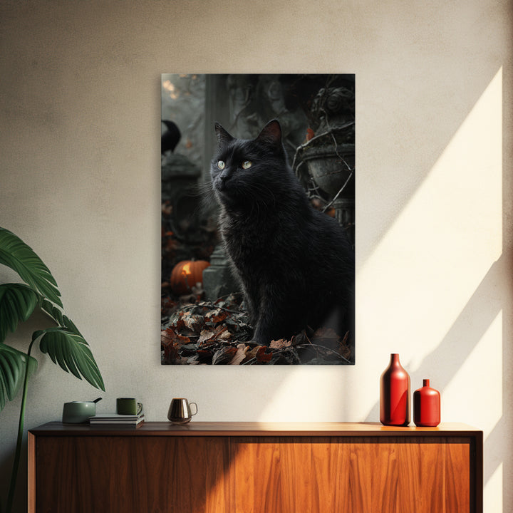 The Black Cat Gathering, Vertical Wall Art, Dark Halloween Decor, Canvas Print, Halloween Wall Decor, Gothic Home Decor