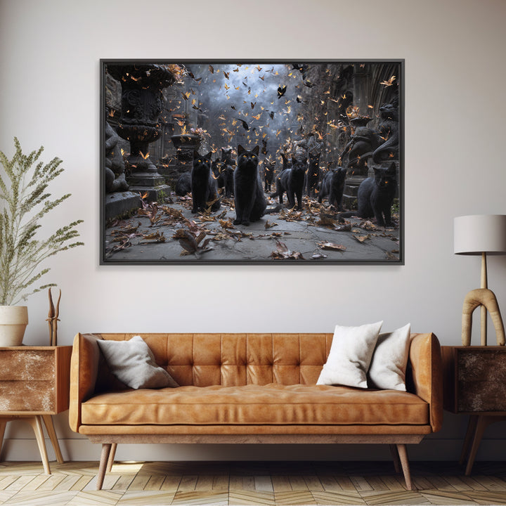 The Black Cat Gathering, Landscape Wall Art, Haunted Gothic Art, Framed Canvas Print, Halloween Wall Decor, Gothic Home Decor