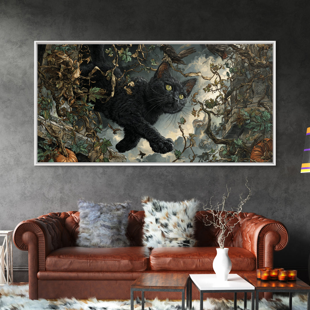 The Black Cat Gathering, Wide Panoramic Art, Gothic Horror Wall Art, Framed Canvas Print, Halloween Wall Decor, Gothic Home Decor