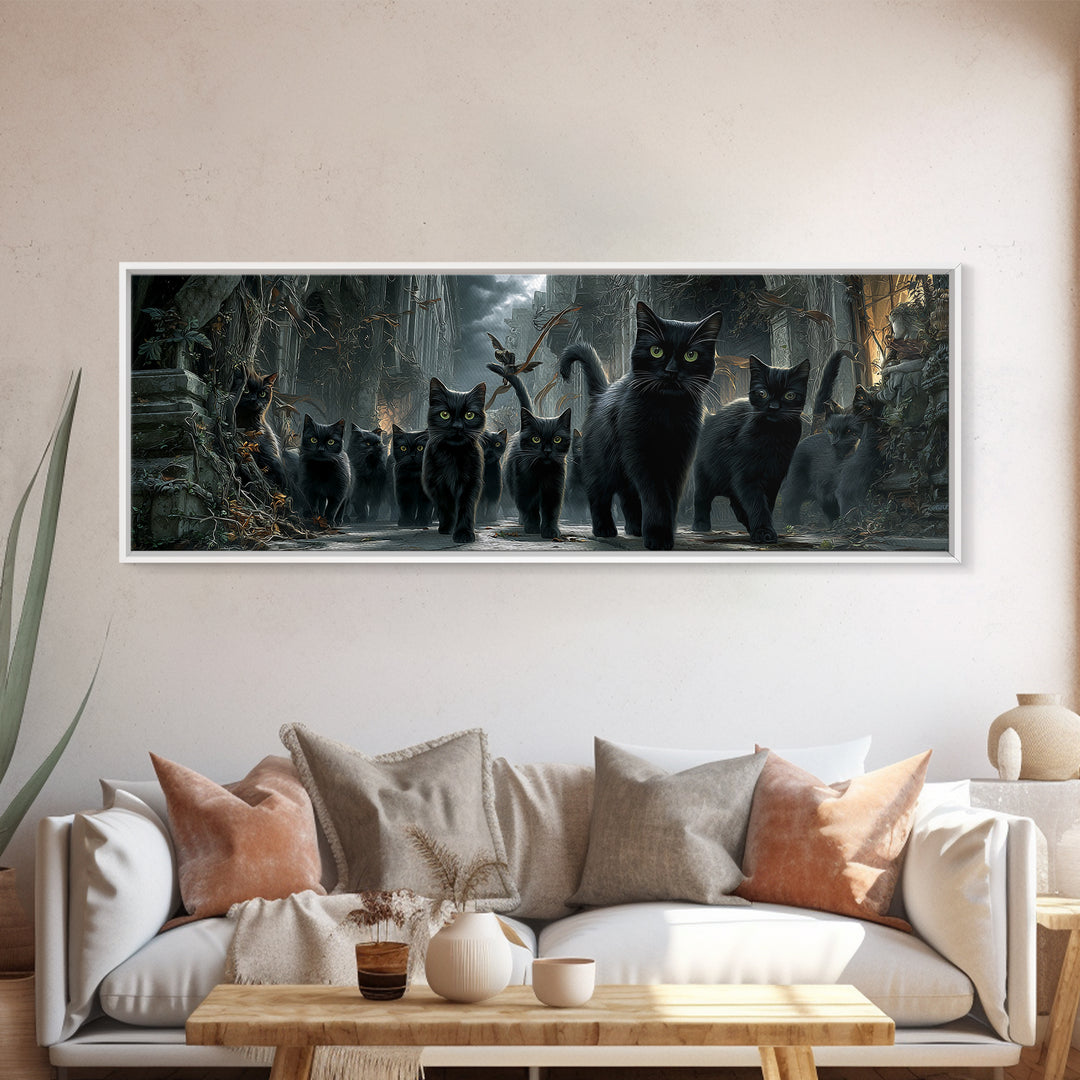 The Black Cat Gathering, Extra Wide Wall Art, Gothic Horror Wall Art, Framed Canvas Print, Halloween Wall Decor, Gothic Home Decor