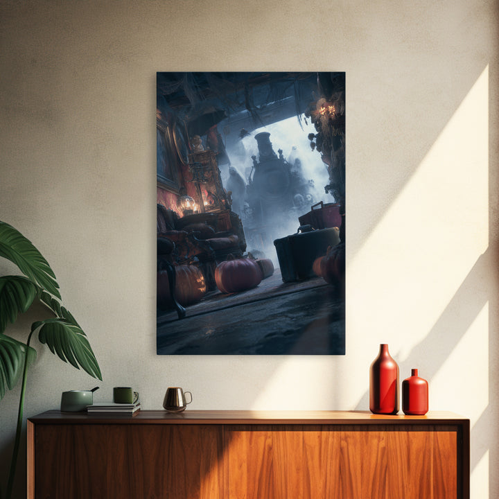 The Ghost Train Arrival, Vertical Wall Art, Haunted Gothic Art, Framed Canvas Print, Halloween Wall Decor, Gothic Home Decor