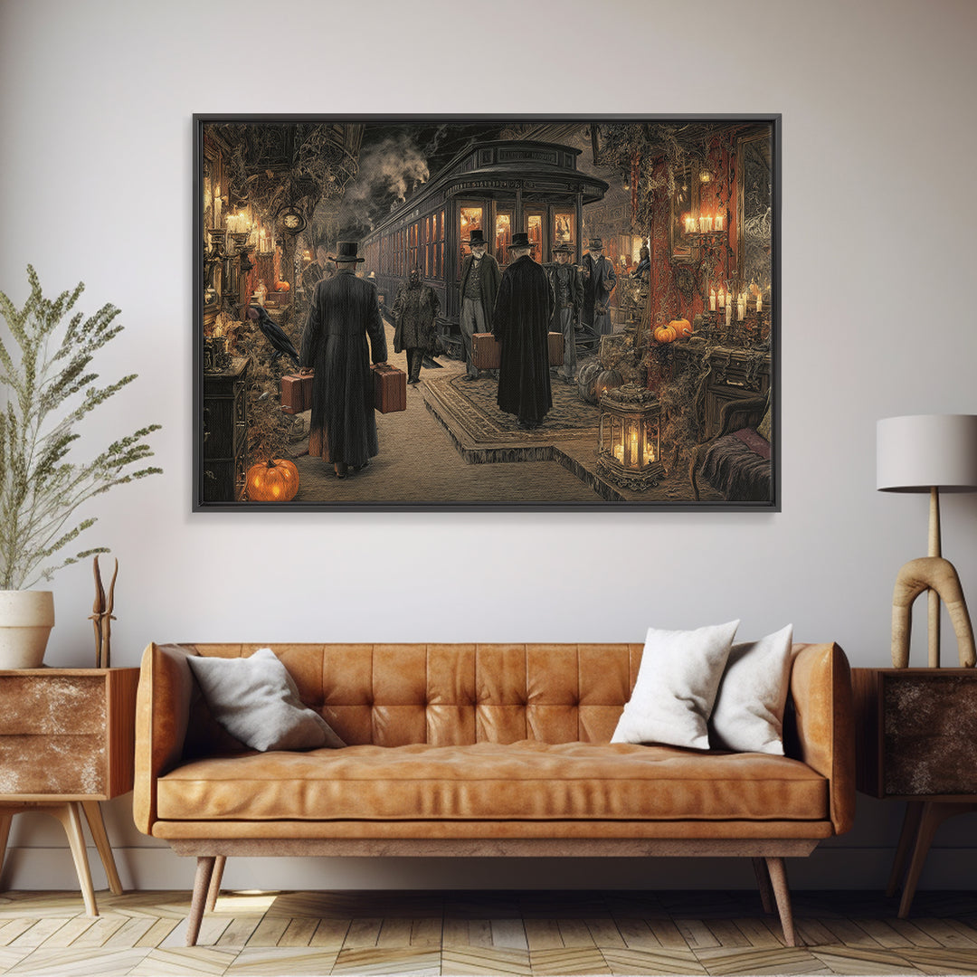 The Ghost Train Arrival, Landscape Wall Art, Haunted Gothic Art, Framed Canvas Print, Halloween Wall Decor, Gothic Home Decor