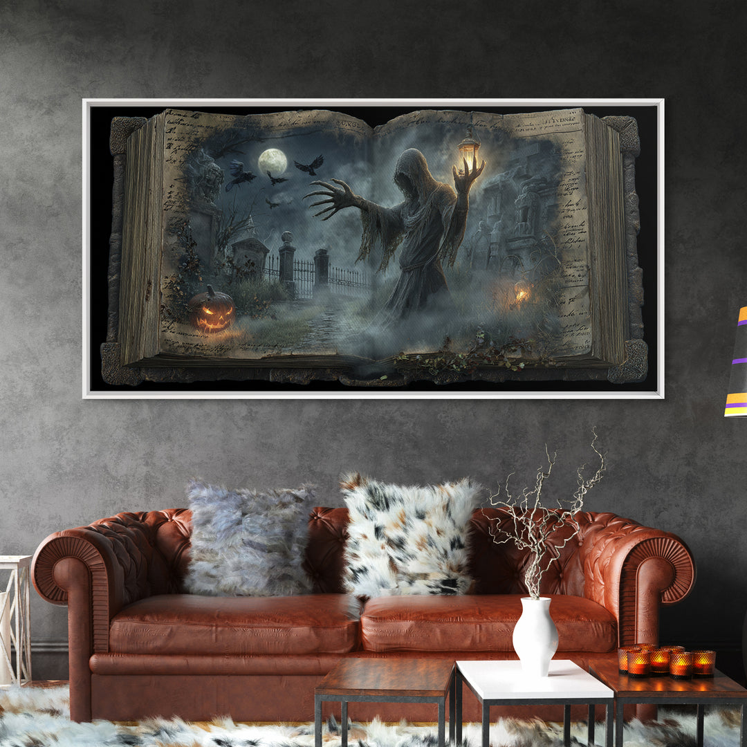 The Living Spellbook, Wide Panoramic Art, Macabre Wall Art, Framed Canvas Print, Halloween Wall Decor, Gothic Home Decor, Dark Fantasy Art