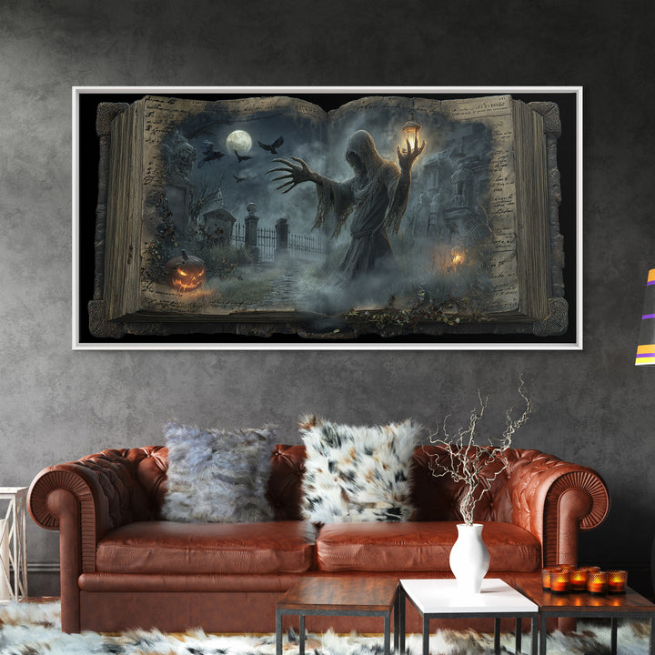 The Living Spellbook, Wide Panoramic Art, Macabre Wall Art, Framed Canvas Print, Halloween Wall Decor, Gothic Home Decor, Dark Fantasy Art