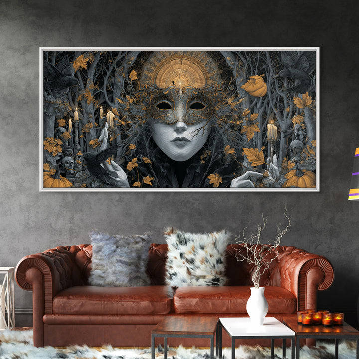 The Cracked Porcelain Mask, Wide Panoramic Art, Haunted Gothic Art, Framed Canvas Print, Halloween Wall Decor, Gothic Home Decor