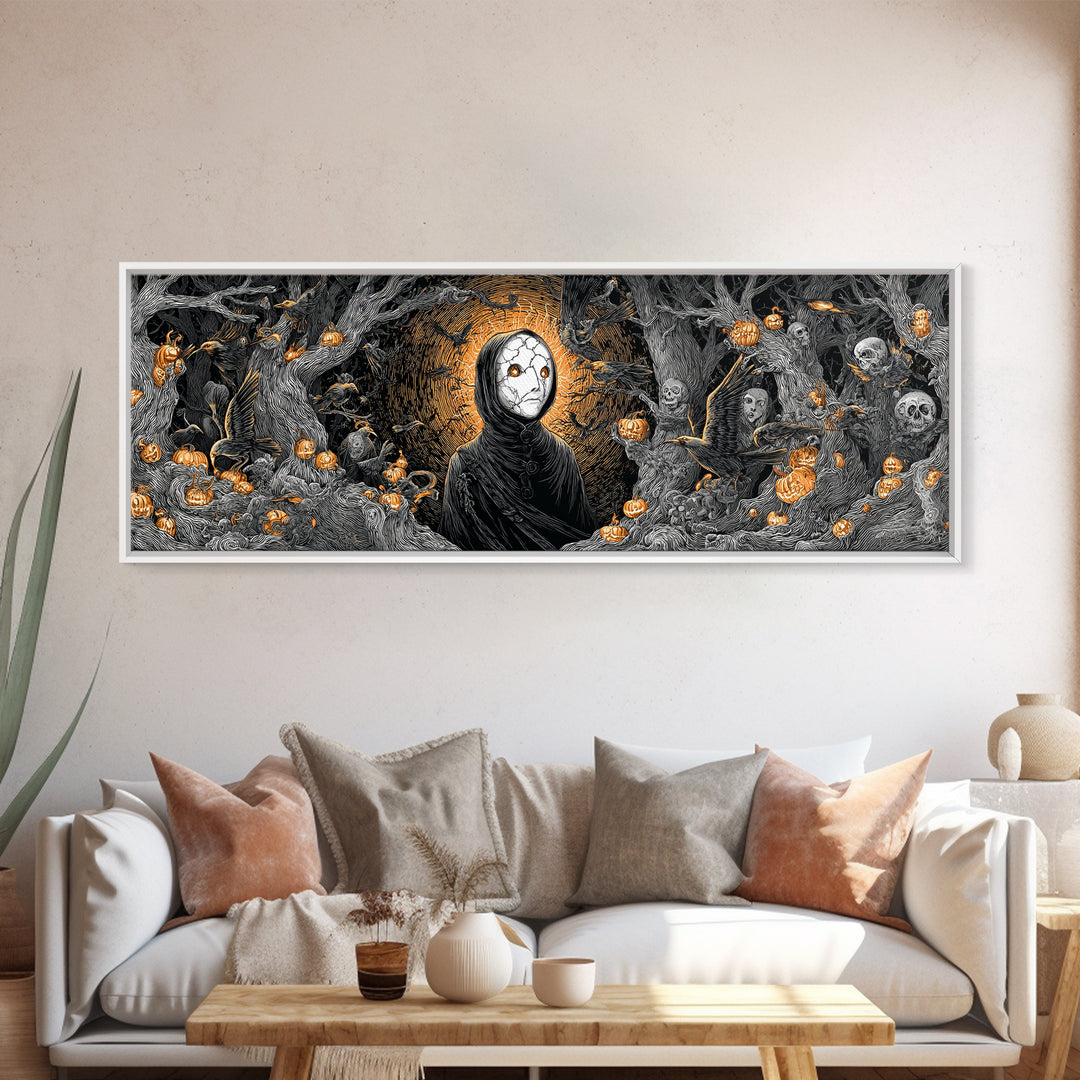 The Cracked Porcelain Mask, Extra Wide Wall Art, Haunted Gothic Art, Framed Canvas Print, Halloween Wall Decor, Gothic Home Decor