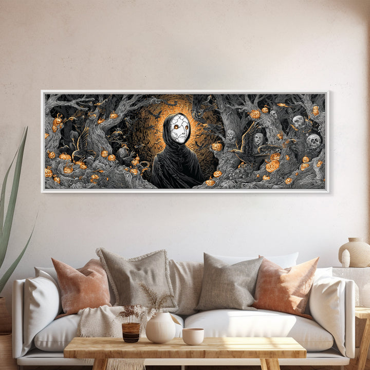 The Cracked Porcelain Mask, Extra Wide Wall Art, Haunted Gothic Art, Framed Canvas Print, Halloween Wall Decor, Gothic Home Decor