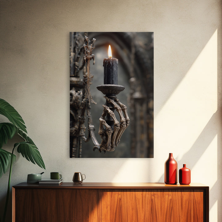 The Skeletal Hand Candleholder, Vertical Wall Art, Macabre Wall Art, Framed Canvas Print, Halloween Wall Decor, Gothic Home Decor