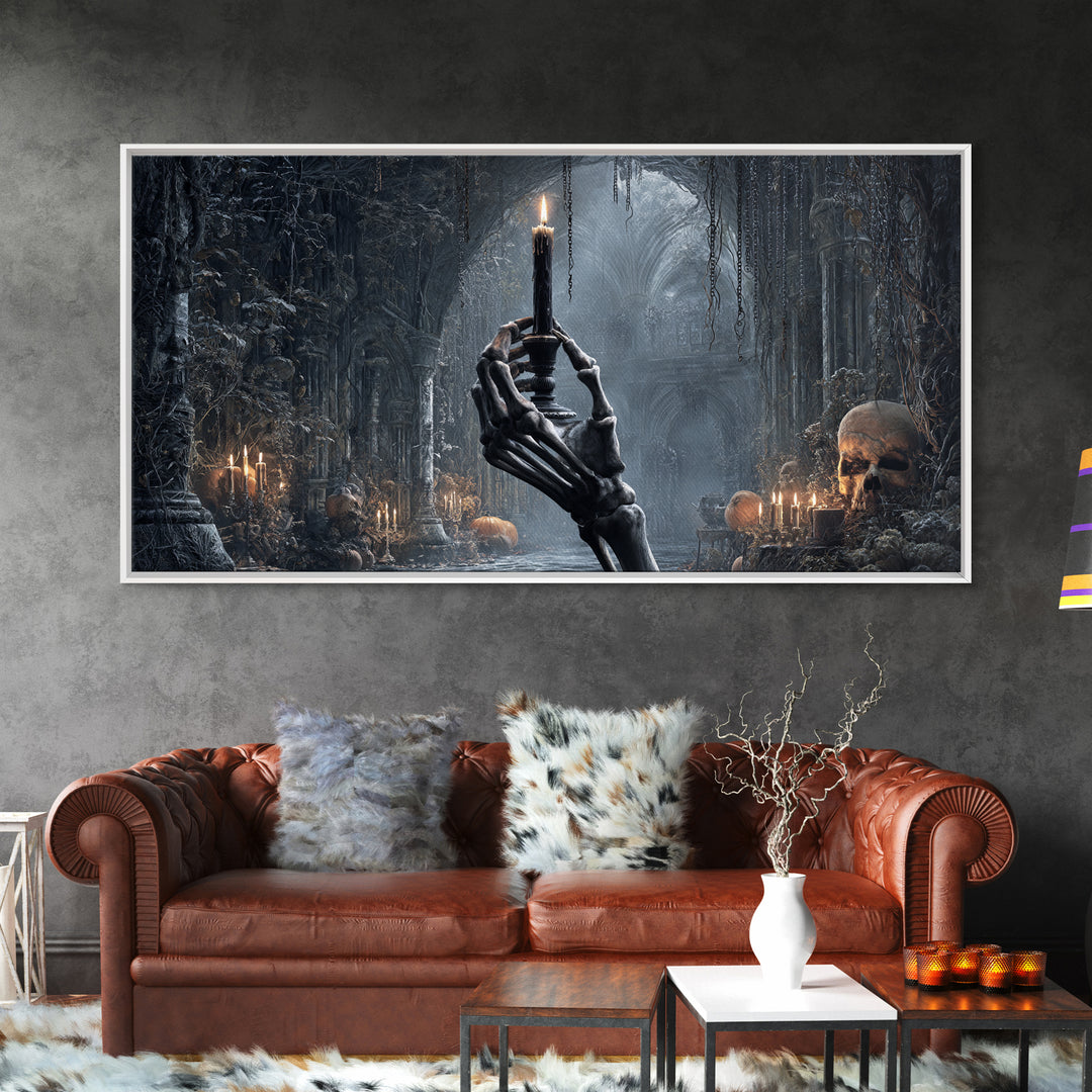 The Skeletal Hand Candleholder, Wide Panoramic Art, Spooky Home Decor, Canvas Print, Halloween Wall Decor, Gothic Home Decor