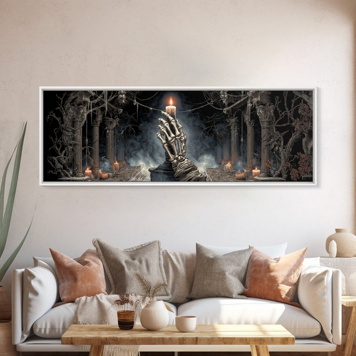 The Skeletal Hand Candleholder, Extra Wide Wall Art, Macabre Wall Art, Framed Canvas Print, Halloween Wall Decor, Gothic Home Decor