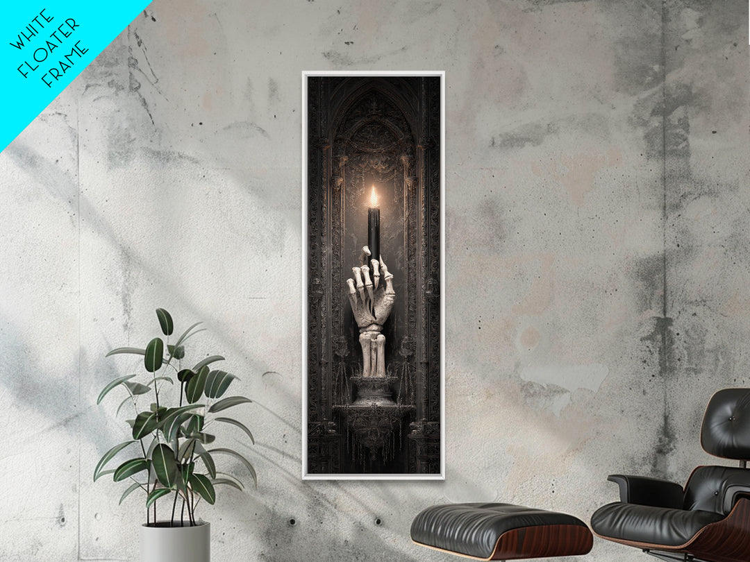 The Skeletal Hand Candleholder, Tall Narrow Wall Art, Macabre Wall Art, Framed Canvas Print, Halloween Wall Decor, Gothic Home Decor