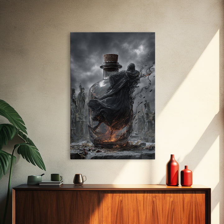 The Bottled Ghost, Vertical Wall Art, Gothic Horror Wall Art, Framed Canvas Print, Halloween Wall Decor, Gothic Home Decor