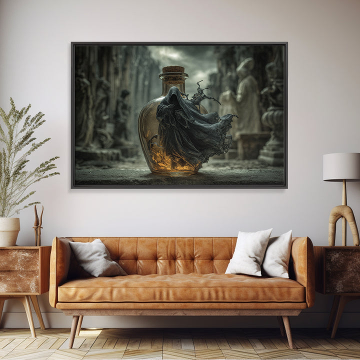 The Bottled Ghost, Landscape Wall Art, Macabre Wall Art, Framed Canvas Print, Halloween Wall Decor, Gothic Home Decor