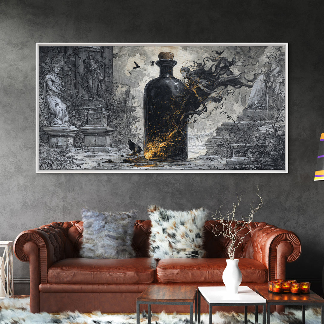 The Bottled Ghost, Wide Panoramic Art, Dark Fantasy Wall Art, Canvas Print, Halloween Wall Decor, Gothic Home Decor, Seasonal Home Decor