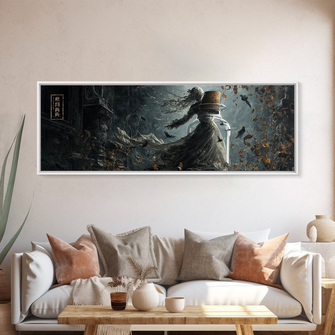 The Bottled Ghost, Extra Wide Wall Art, Haunted Gothic Art, Framed Canvas Print, Halloween Wall Decor, Gothic Home Decor, Statement Wall Art