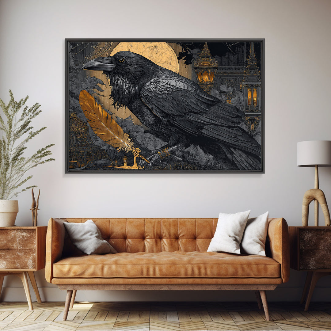 The Raven-Feather Quill, Landscape Wall Art, Macabre Wall Art, Framed Canvas Print, Halloween Wall Decor, Gothic Home Decor