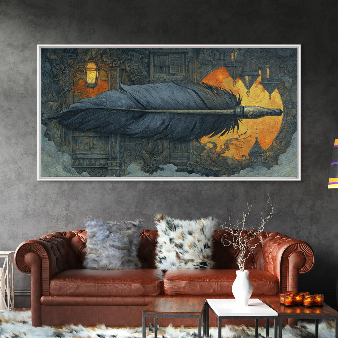 The Raven-Feather Quill, Wide Panoramic Art, Gothic Horror Wall Art, Framed Canvas Print, Halloween Wall Decor, Gothic Home Decor