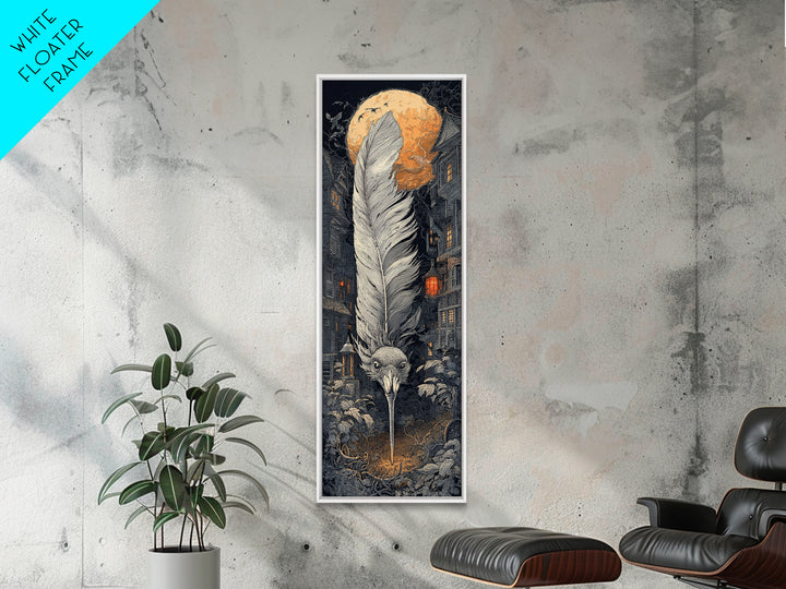 The Raven-Feather Quill, Tall Narrow Wall Art, Macabre Wall Art, Framed Canvas Print, Halloween Wall Decor, Gothic Home Decor